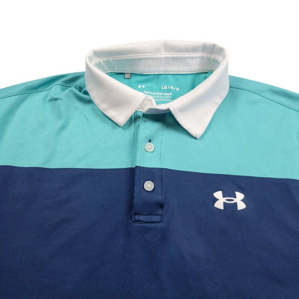 Under Armour Polo Shirt Mens Largd Blue Striped Short Sleeve The Playoff Polo
